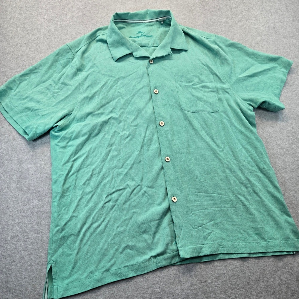 Tommy‎ Bahama Mens XL Seafoam Green Textured Silk Blend Camp Shirt Short Sleeve